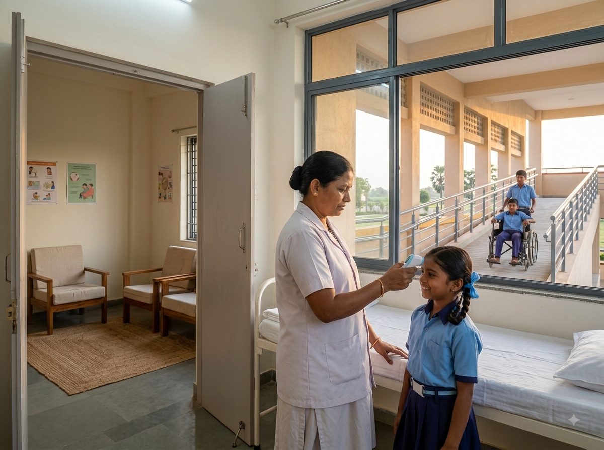 The health room: a nurse in pale uniform gently checking a young girl's temperature beside a neatly made examination bed, a softer counselling room visible through the open door, and a ramp with handrails outside the window.