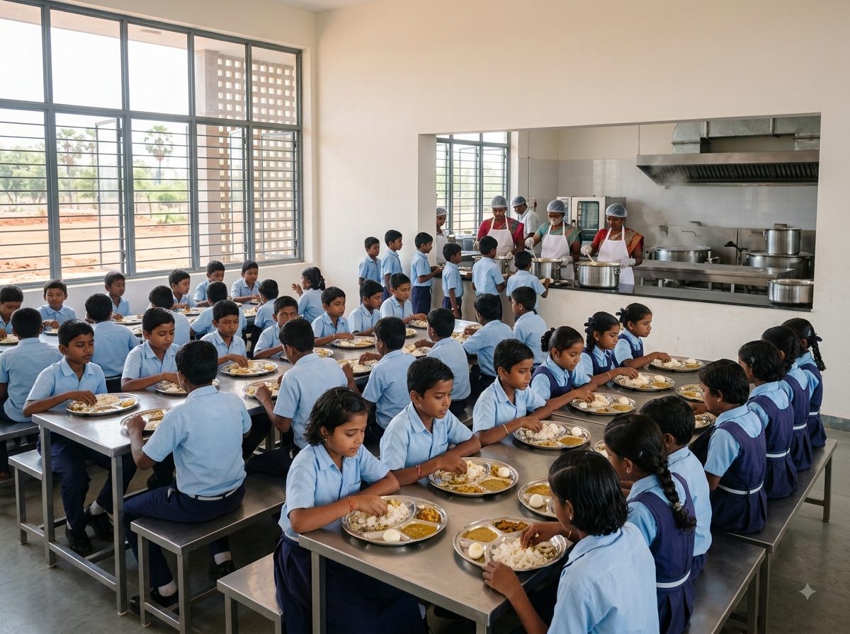 The dining hall at lunchtime: long rows of stainless-steel tables filled with children eating rice, dal and vegetables from steel plates, while kitchen staff in aprons and caps serve from large containers at the counter.