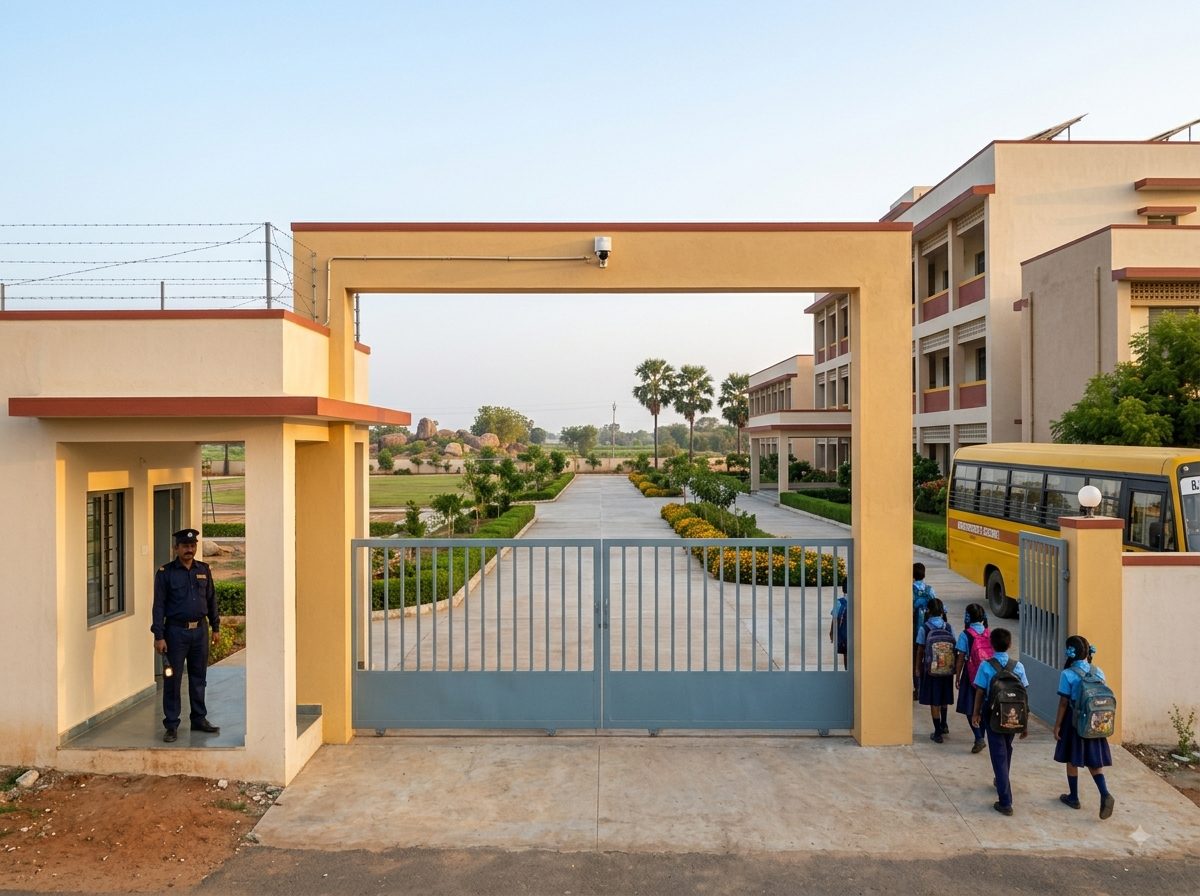 The main entrance seen from inside the campus: a tall painted steel gate in a high plastered compound wall, a small neat guard post with a uniformed guard, and a wide clean footpath leading between clipped hedges towards the buildings.