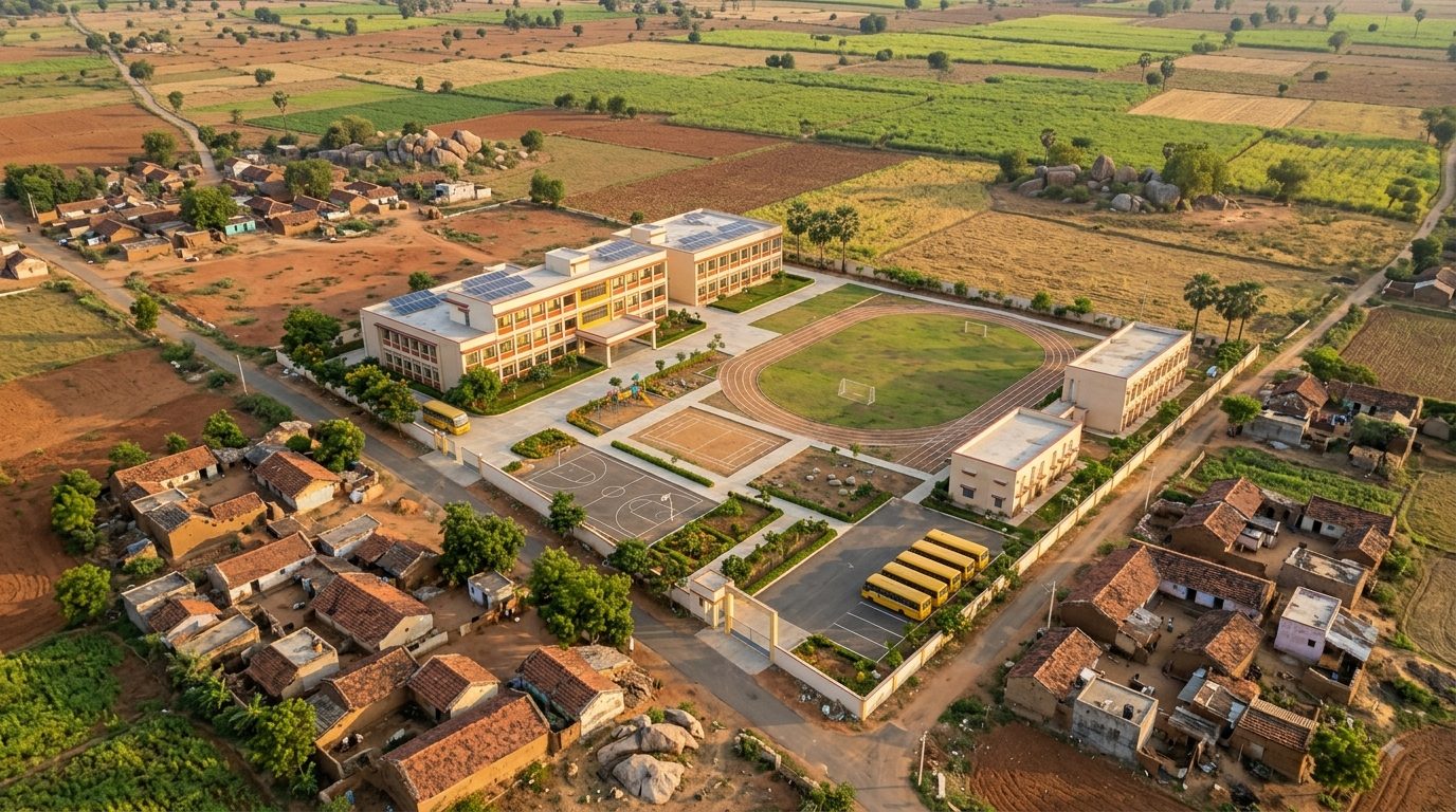 Aerial view at golden hour of the new campus set among farmland, its blocks arranged around a green quadrangle with playing fields, a running track and a row of yellow buses, linked by narrow roads to the surrounding villages.