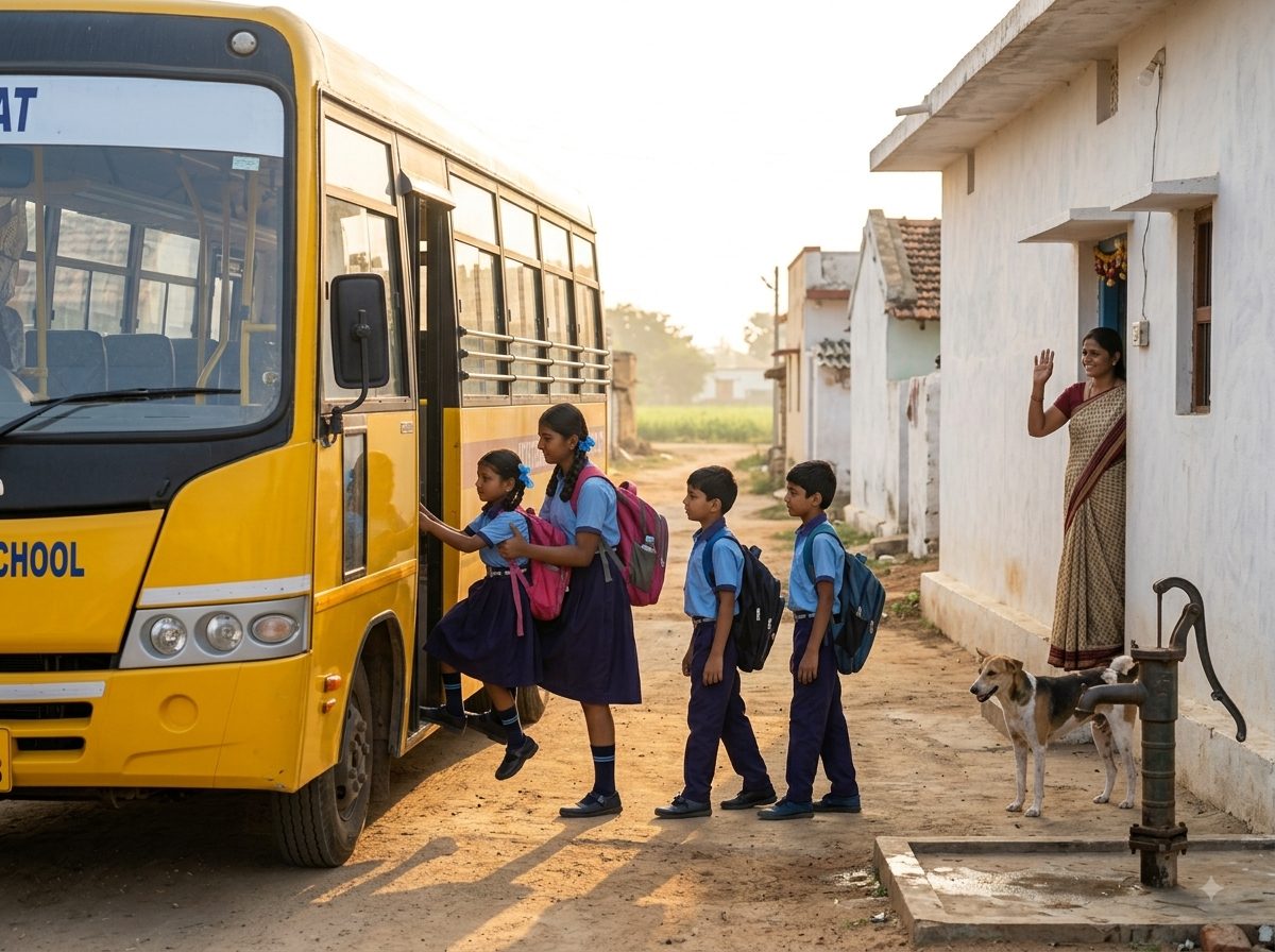 A yellow school bus stopped in a village lane in the early morning as children in uniform climb aboard, one small girl lifted up by her older sister while a woman waves from a doorway.