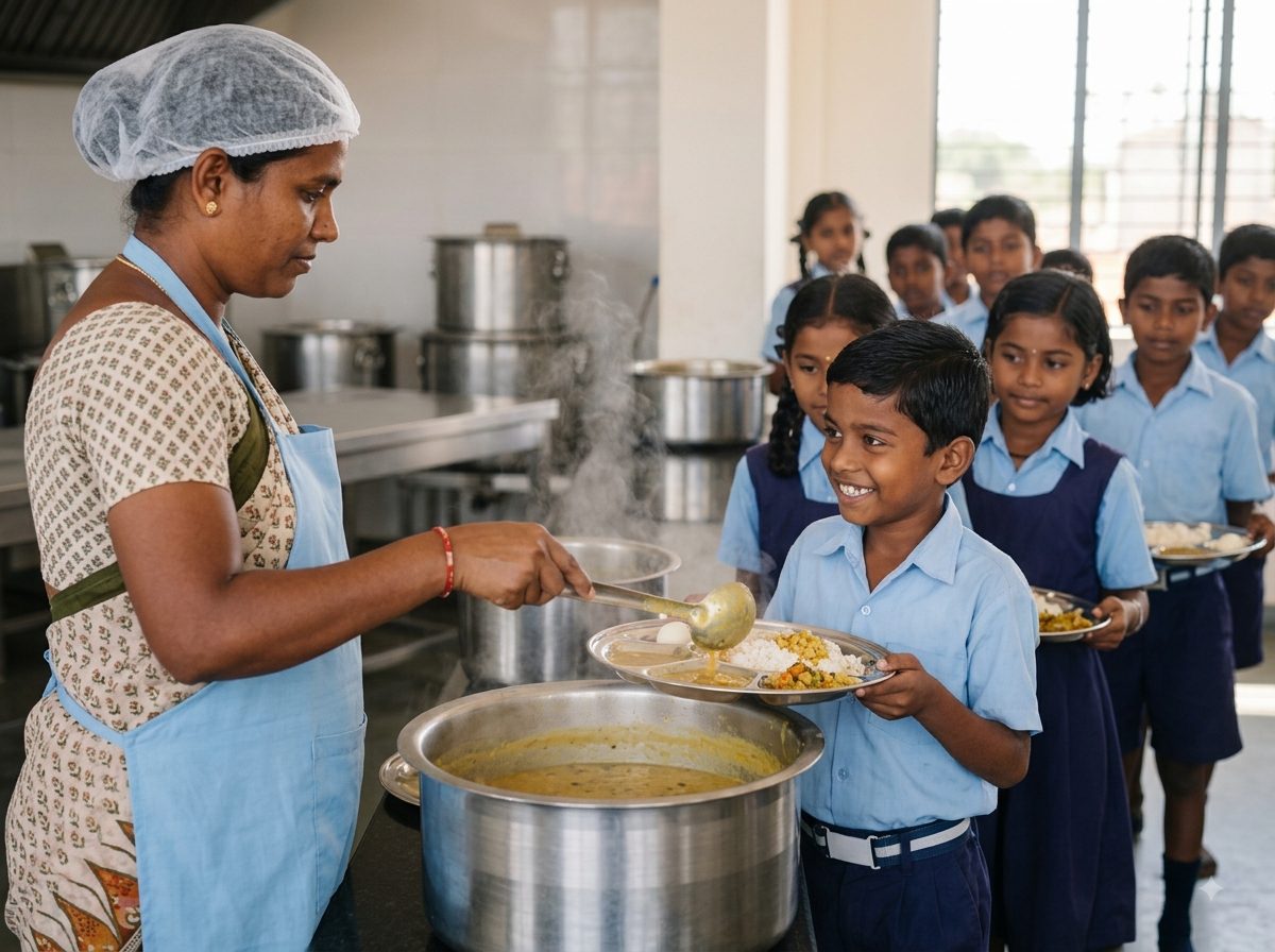 A kitchen worker in apron and cap ladling hot dal onto a young boy's stainless-steel plate at the serving counter, steam rising, more children queueing behind with their plates.