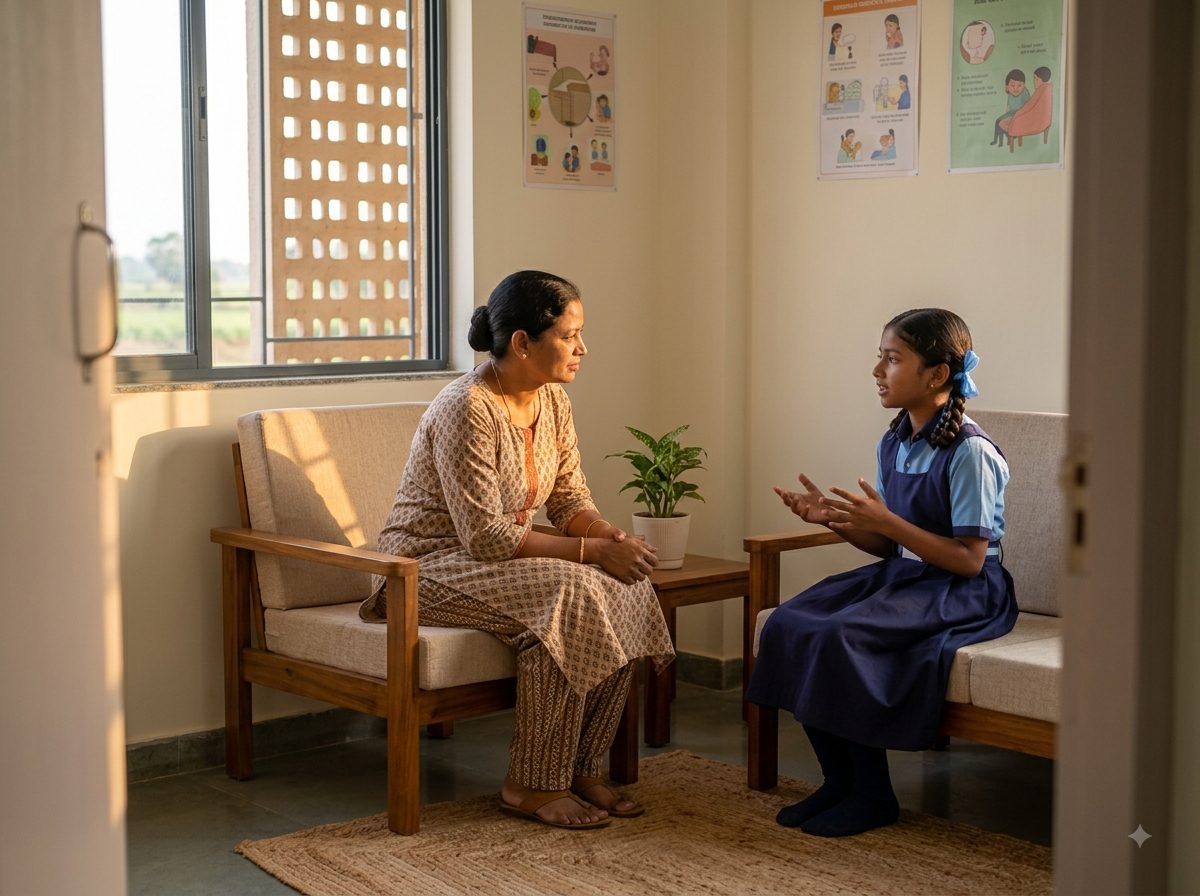 A school counsellor sitting on a low chair at a child's eye level in a bright, softly furnished room, listening carefully to a girl of about twelve who is talking with her hands.