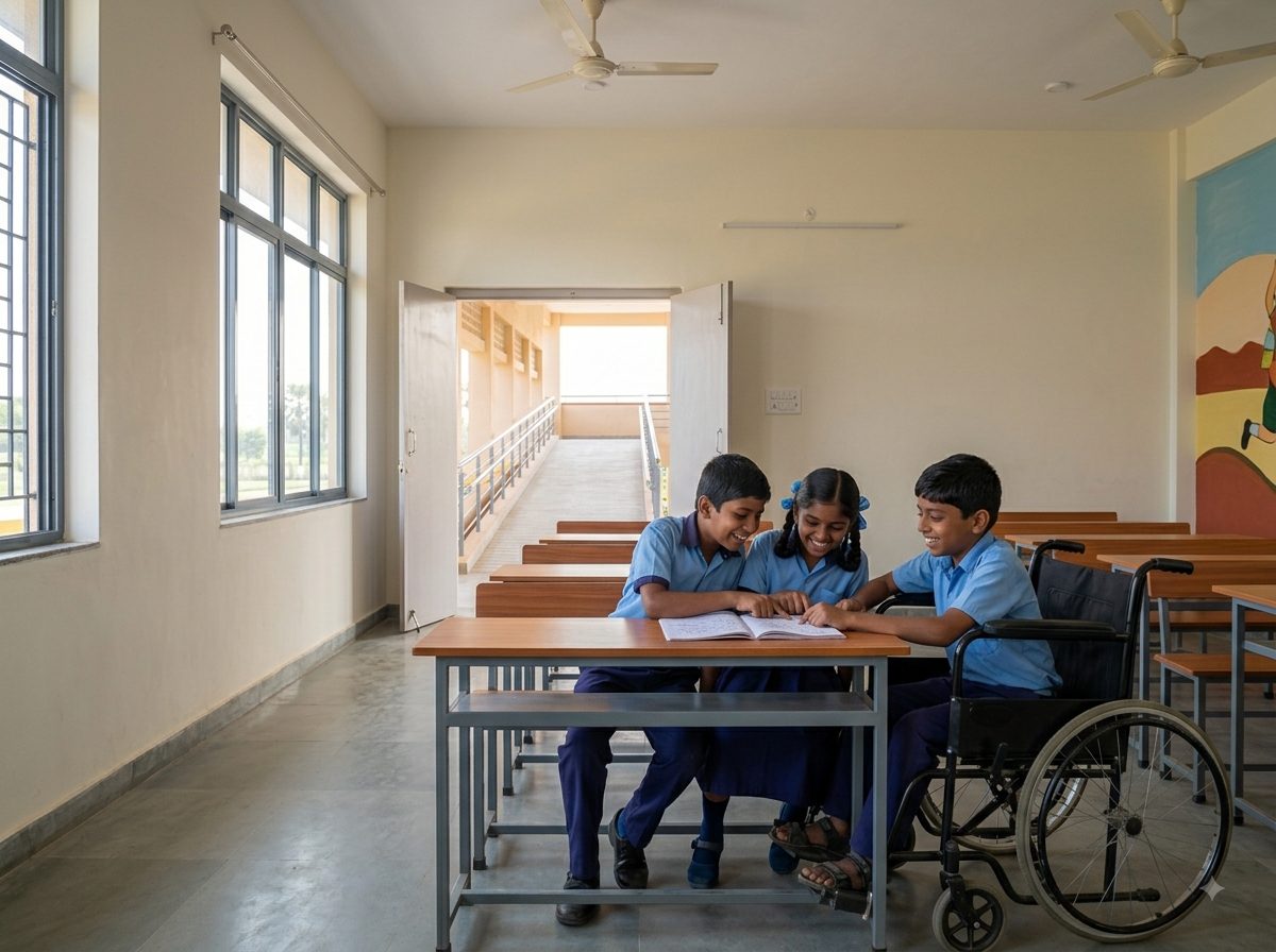 A boy of about ten in a wheelchair working at a desk alongside two classmates in a bright classroom, all three leaning over the same notebook and laughing.