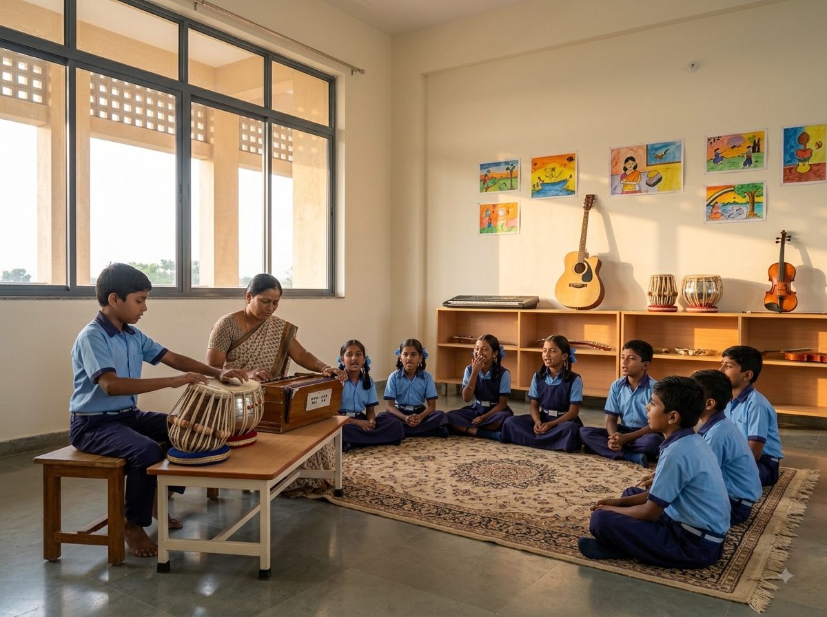 A music room mid-lesson: a teacher at a harmonium, a boy playing tabla and eight children sitting in a semicircle on the floor singing, with instruments on shelves and children's paintings pinned above.