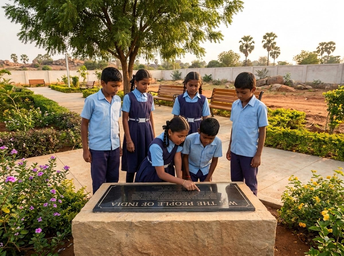 The Constitution Park: a small, well-kept garden with a polished black granite plaque on a stone plinth carrying the opening words of the Preamble, benches and flowering shrubs, and six children gathered around it reading, one tracing a line with a finger.