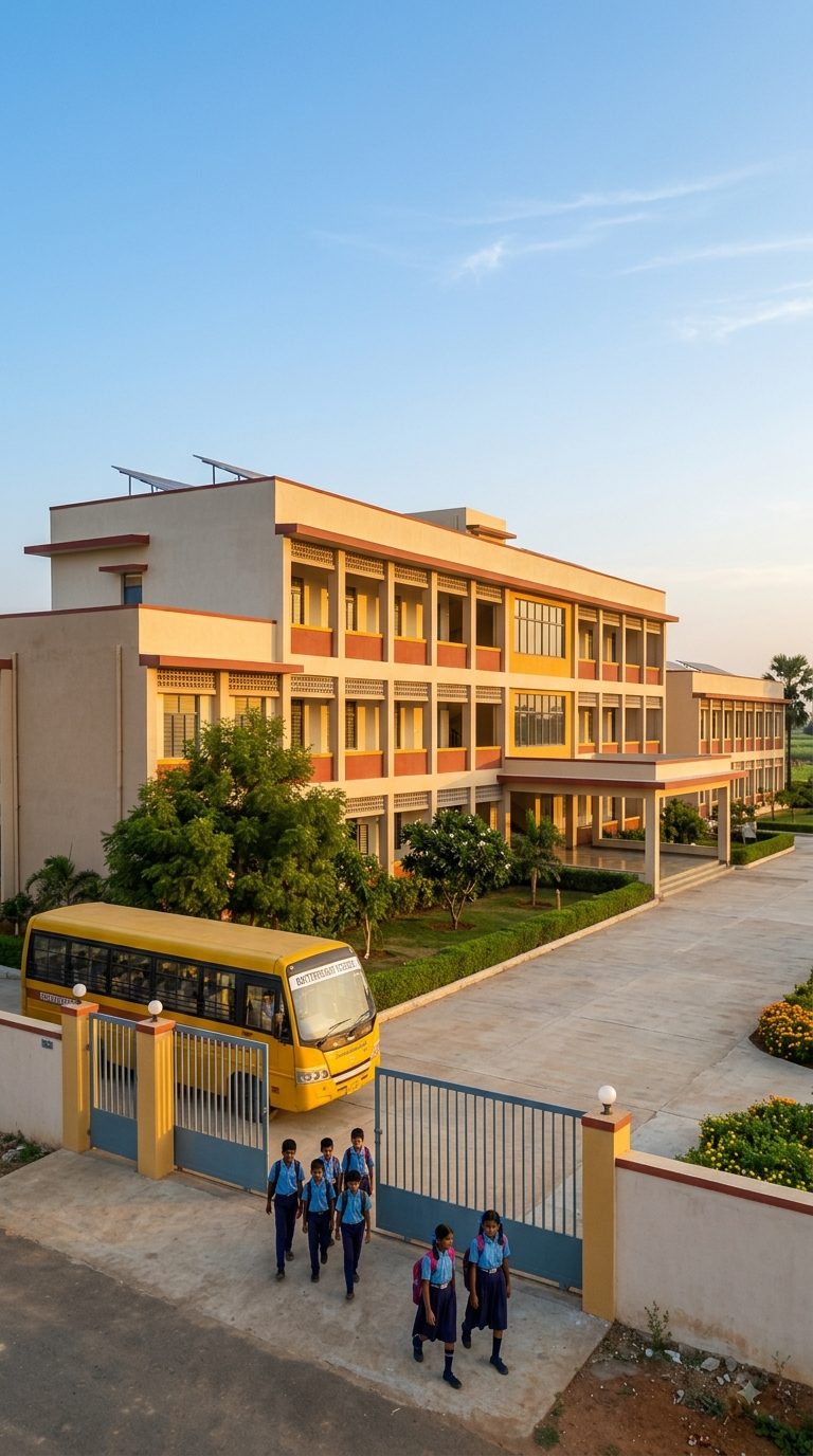 Artist's impression of the campus at golden hour: a three-storey cream and terracotta academic block with deep shaded verandahs and rooftop solar panels, a yellow school bus at the open gate, children in blue uniforms walking in past the compound wall, hedges and marigold beds alongside.