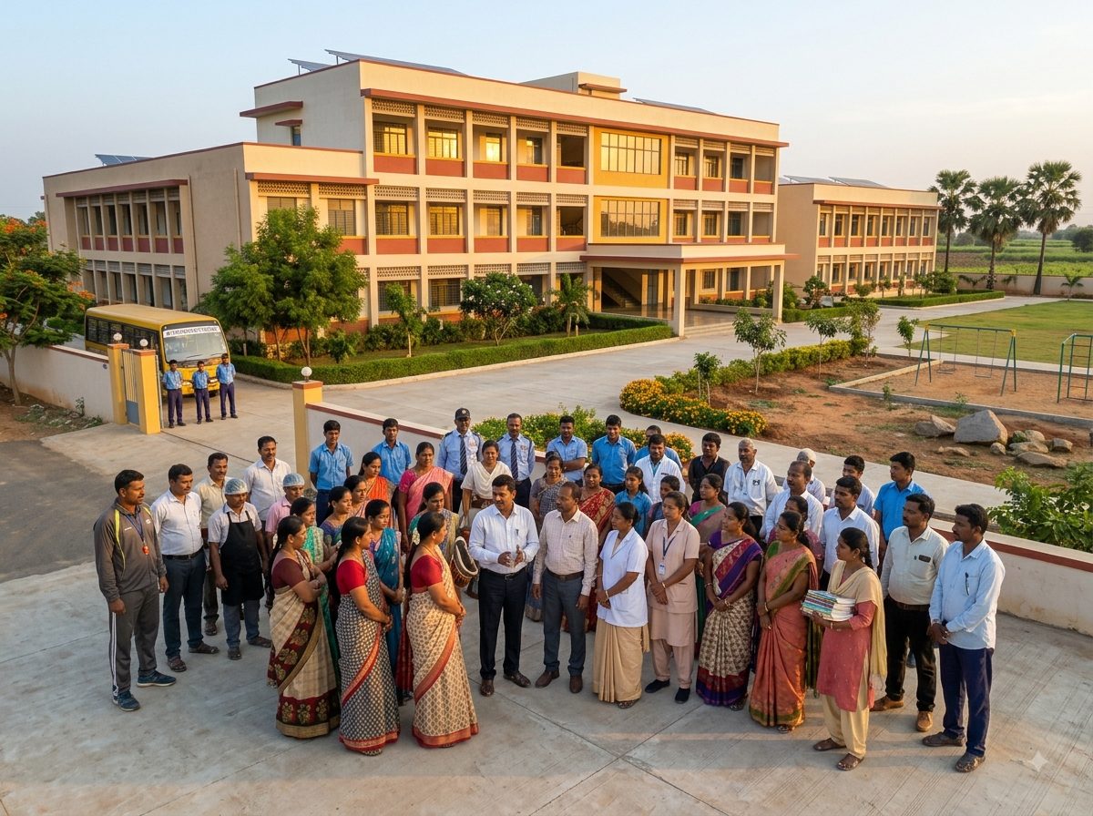 The whole staff of the school gathered informally on the front steps and lawn before the day begins — teachers, a sports teacher in a tracksuit, a music teacher with a tabla, a nurse, a librarian, lab assistants, kitchen staff, drivers and security and cleaning staff, all mid-conversation.
