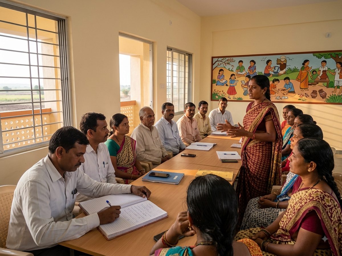 A school management committee meeting in a bright school room: twelve village parents, mostly mothers in cotton sarees, around a table with a register and papers, one woman standing and speaking while the headmaster sits among them rather than at the head of the table.