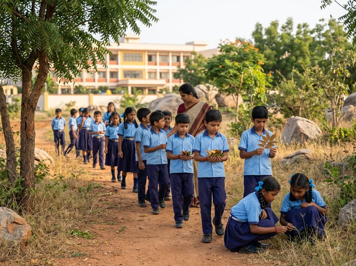 Young children walking in a loose line along a path at the edge of the grounds with their teacher on a nature walk, two crouched down to look at something in the grass and another holding up a leaf.