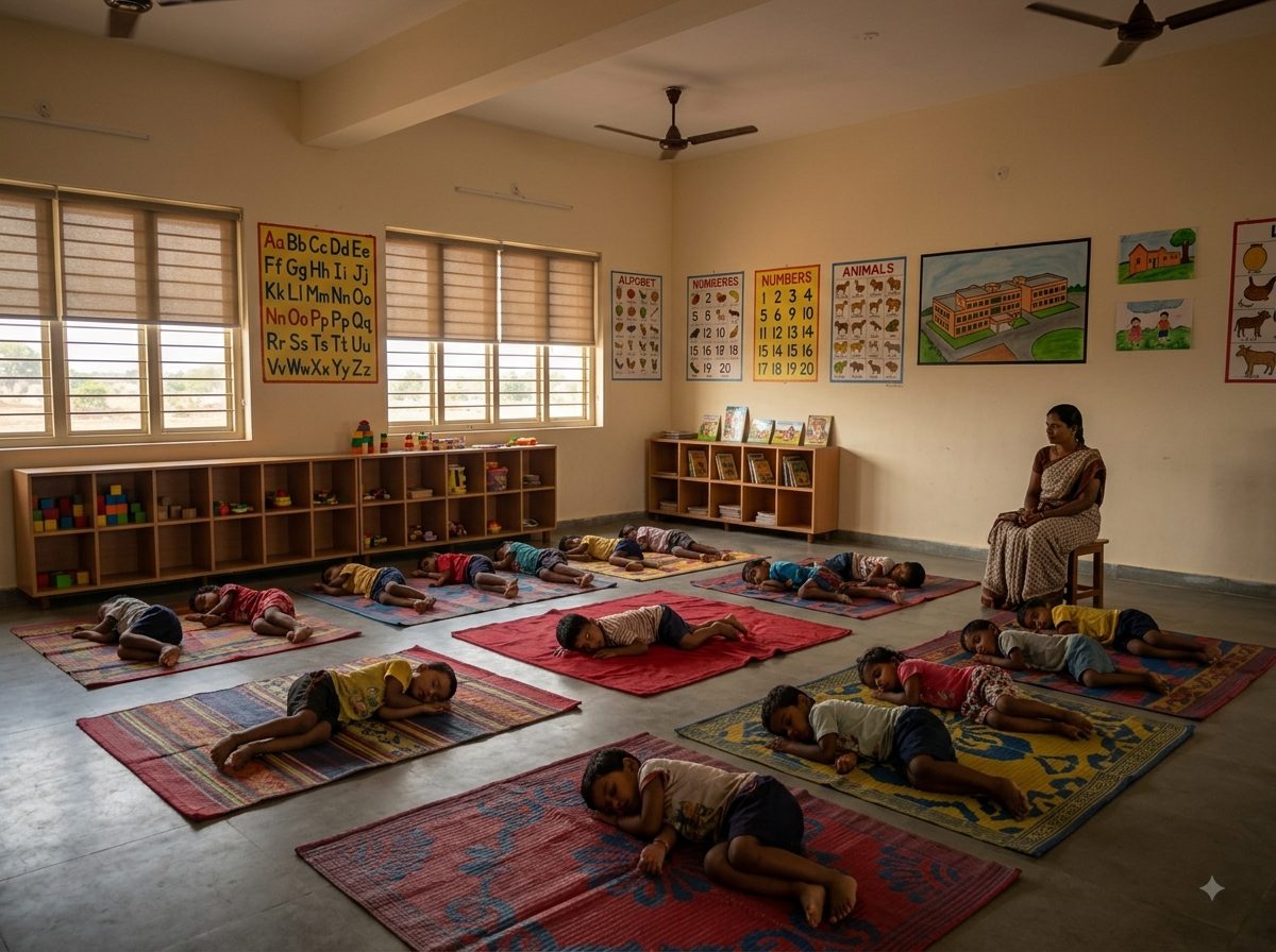 A pre-primary classroom after lunch with the blinds half drawn, fifteen very young children asleep on thin colourful mats laid out on the floor, and a teacher sitting quietly on a low stool at the side.