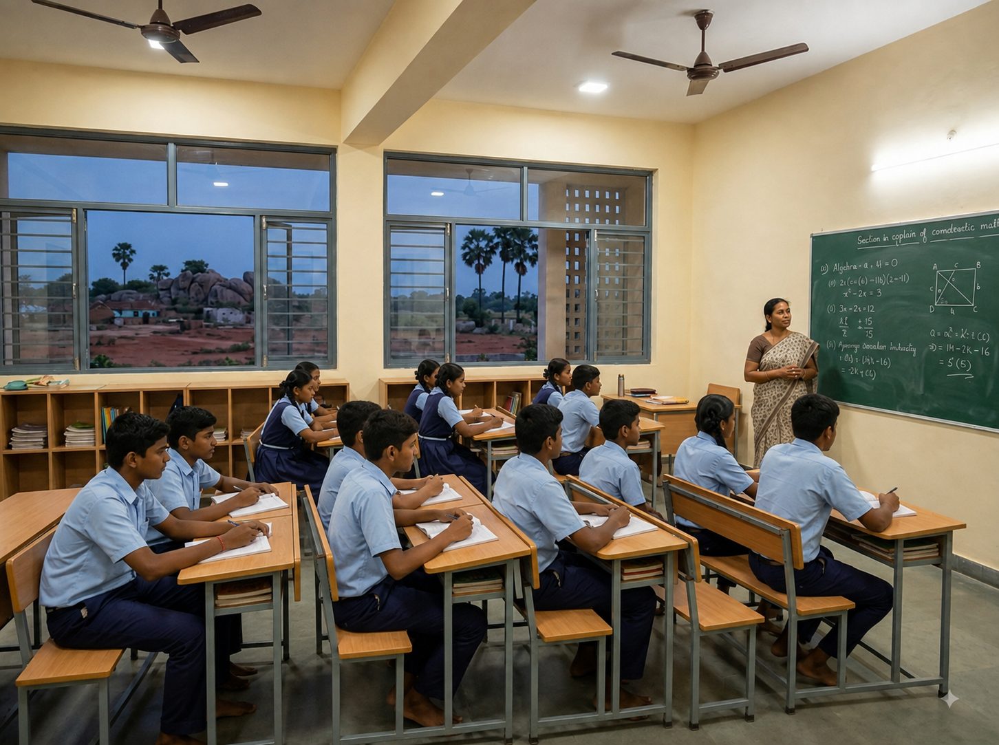 A classroom at dusk with the lights on and blue evening light at the windows, teenagers at desks doing extra tuition after school hours while a teacher explains a problem at the board.