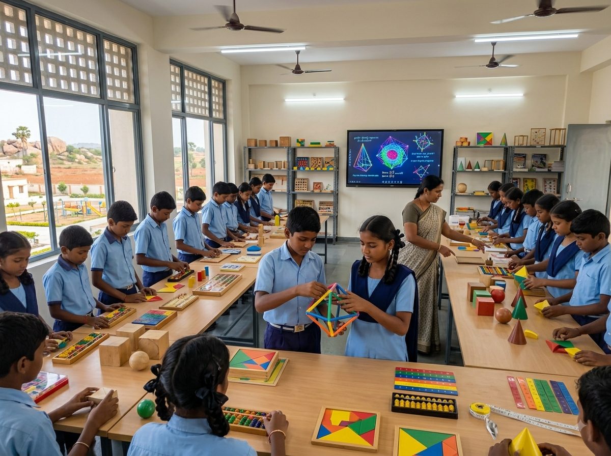 A mathematics laboratory: children standing at tables covered with wooden geometric solids, abacuses, fraction strips, tangrams and measuring tapes, two of them building a large three-dimensional shape together.