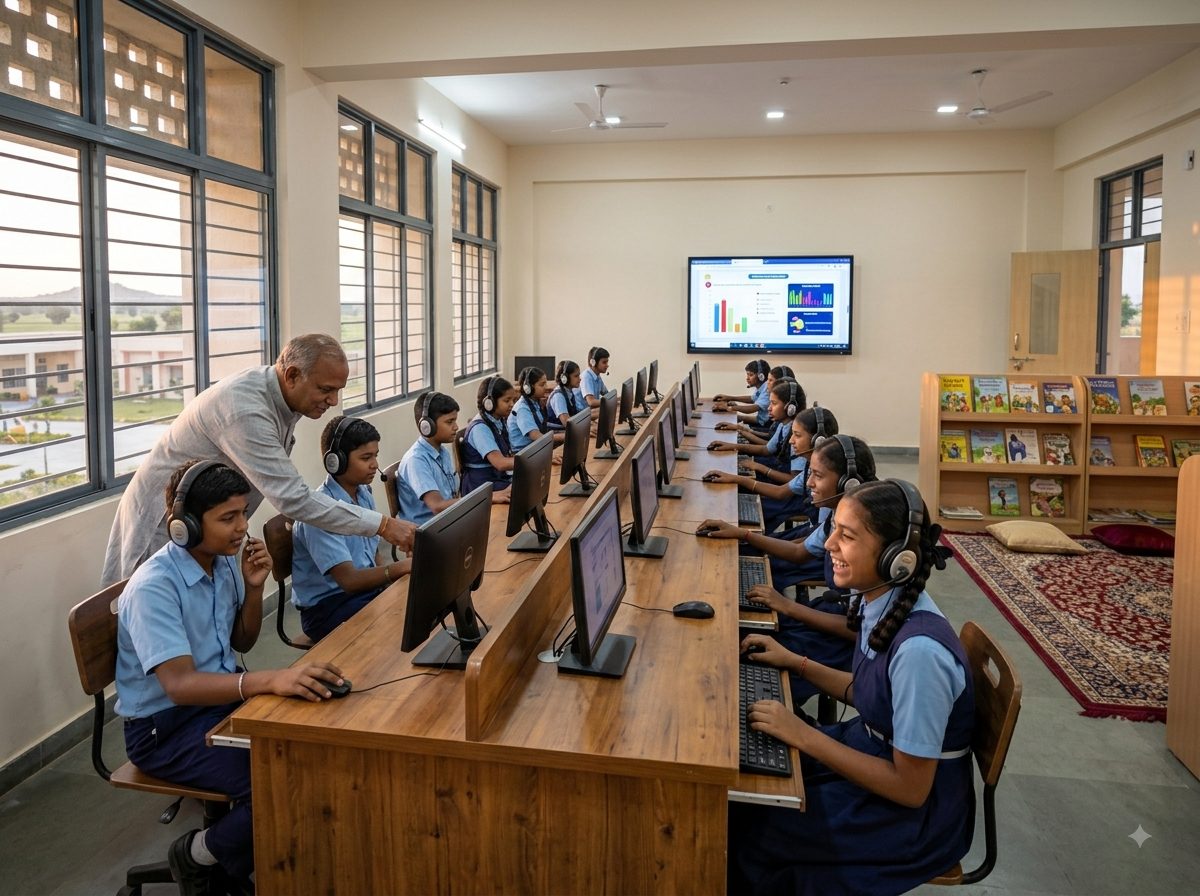 An English language lab: students at long desks wearing headsets, some speaking into microphones and one laughing at what she has heard, a teacher helping at one desk and a readers' corner along the wall.