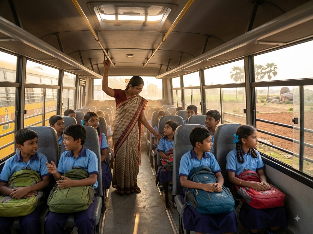 Inside a school bus in the morning: children in uniform with backpacks on their laps, one looking out of the window at the fields going past, while the route's childcare assistant stands in the aisle checking on a small child.
