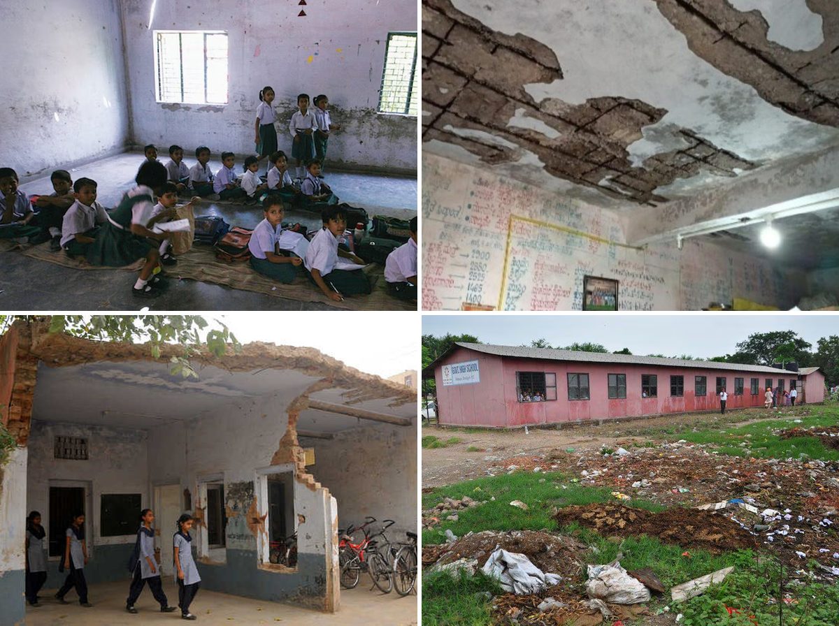 Four photographs of government schools as they are today, in a two-by-two grid: children sitting on the bare floor of an empty room with no furniture at all; a classroom ceiling collapsed to expose rusted reinforcing bars; schoolgirls walking past a classroom wall broken open to rubble; and a long tin-roofed school block behind open ground strewn with rubbish.