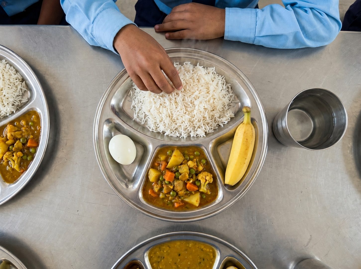 Overhead view of one child's school lunch on a compartmented stainless-steel plate: white rice, a vegetable curry, dal, a boiled egg and a slice of banana, with a steel tumbler of water beside it.