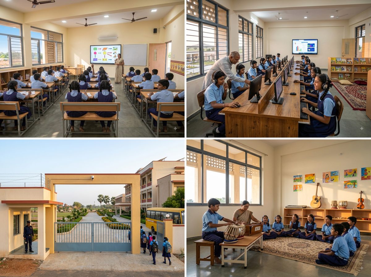 Four artist's impressions of the same four things done right, in the same two-by-two grid: children at desks in a bright classroom with a teacher at a digital display; a computer and language lab with headphones and a reading shelf; the campus gate with a sound multi-storey block, a guard and a school bus; and an arts room where children sit around a teacher at a harmonium with their paintings on the wall.