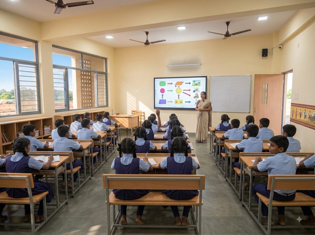 A bright classroom seen from the back: around thirty children at two-seater dual desks in straight rows all facing the front, a teacher in a cotton saree speaking beside a large interactive screen and whiteboard, daylight flooding in from tall windows and one girl with her hand raised.