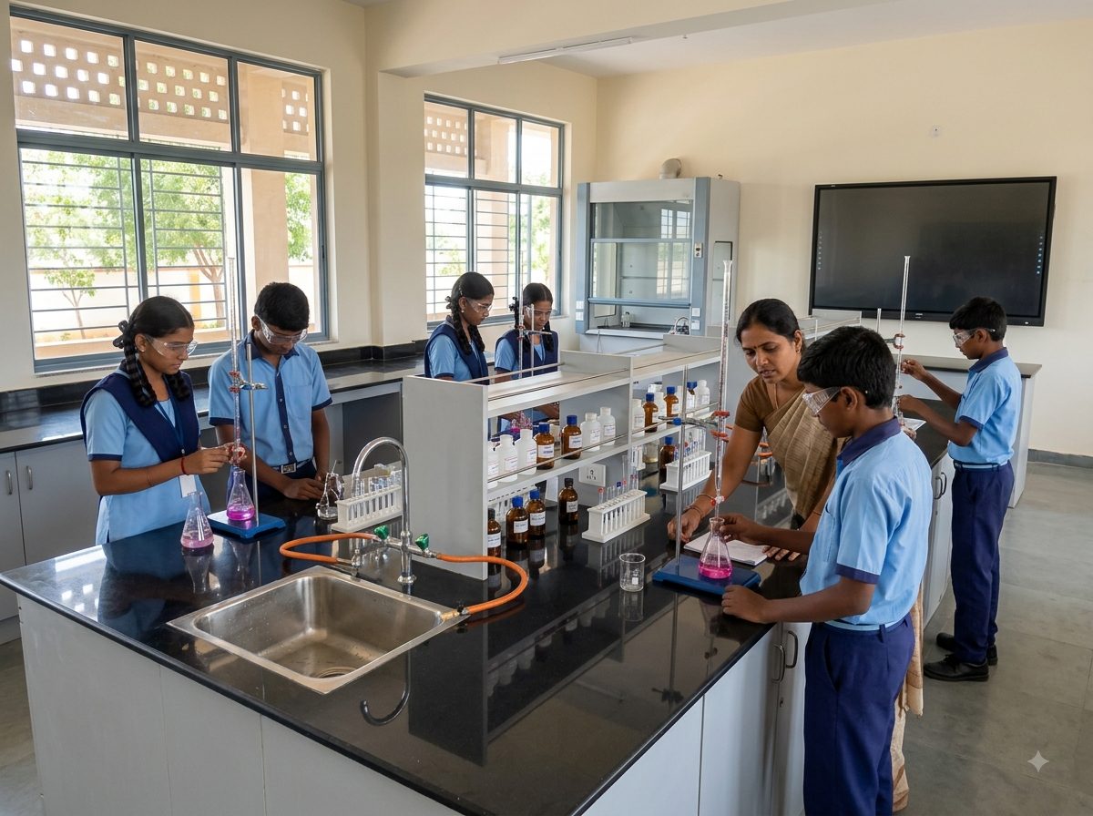 Senior students in safety goggles working through a titration in pairs at black-topped laboratory benches with sinks and racks of reagent bottles, a teacher leaning in to guide one pair.