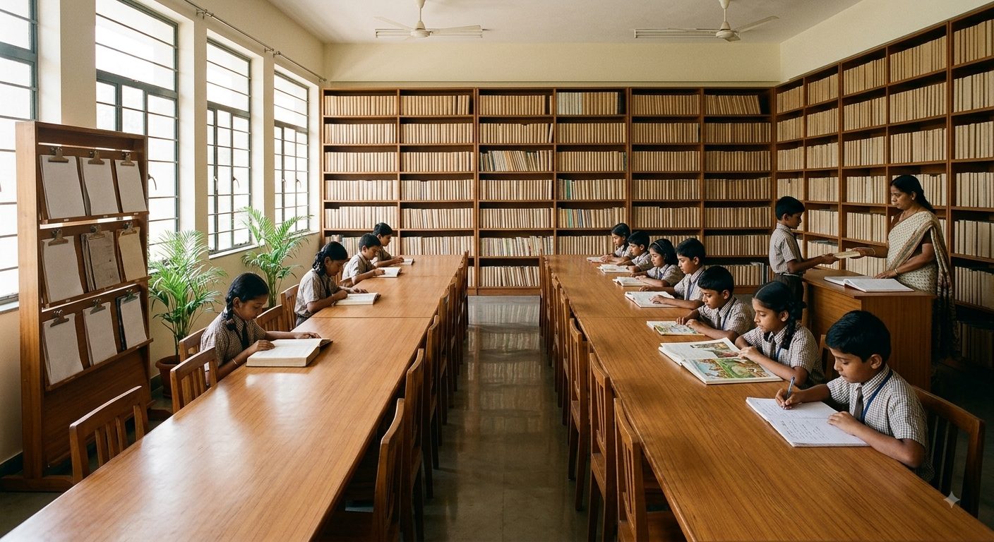 The school library: long wooden reading tables with chairs where a dozen children sit reading and taking notes, full-height shelves packed with books on every wall, a newspaper rack by the tall windows and a librarian at the issue counter.