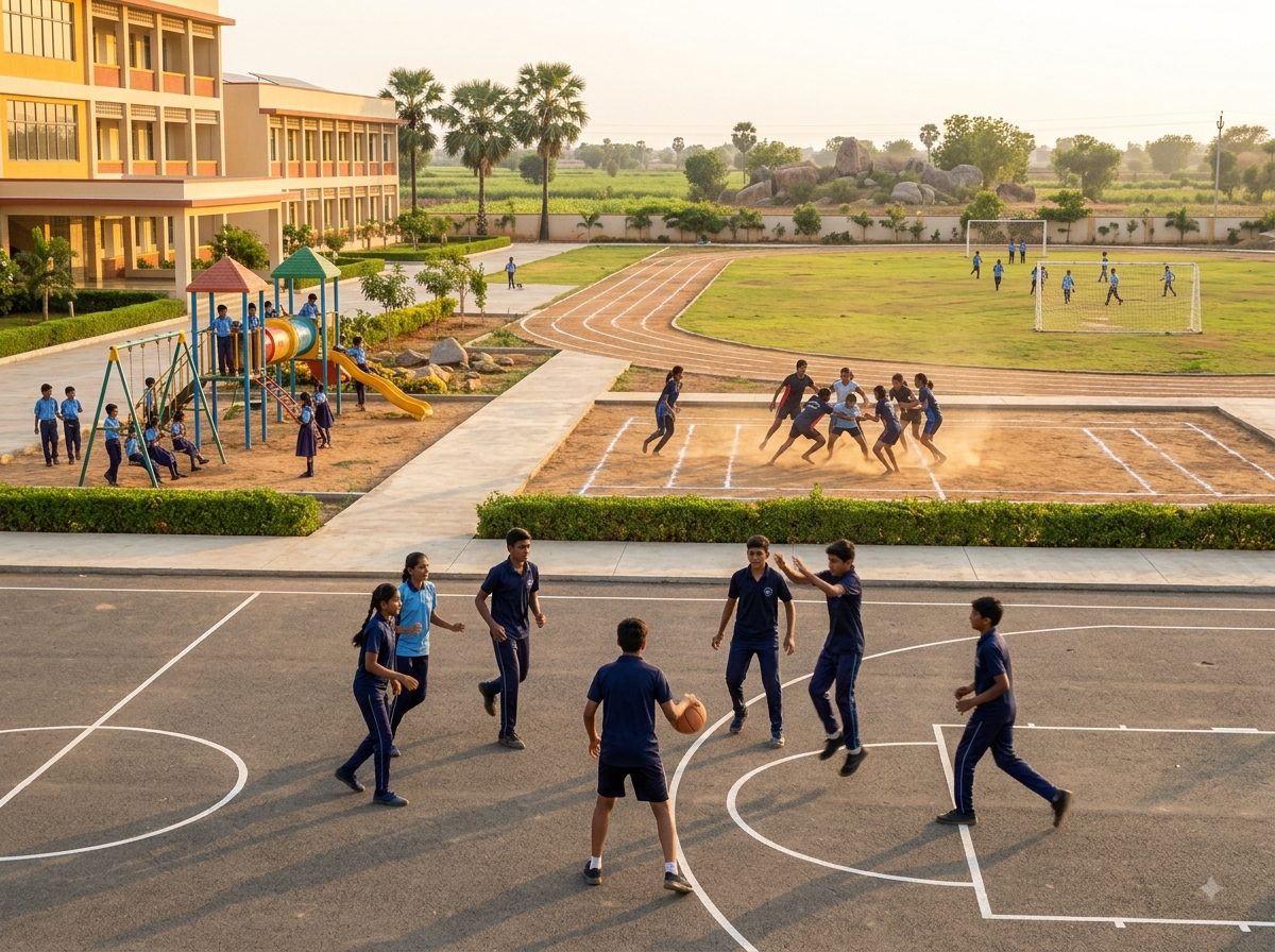 Late-afternoon sport on the campus grounds: a basketball game in progress on an outdoor court, a marked kabaddi court and a field with goalposts beyond, and younger children on a play structure to one side.