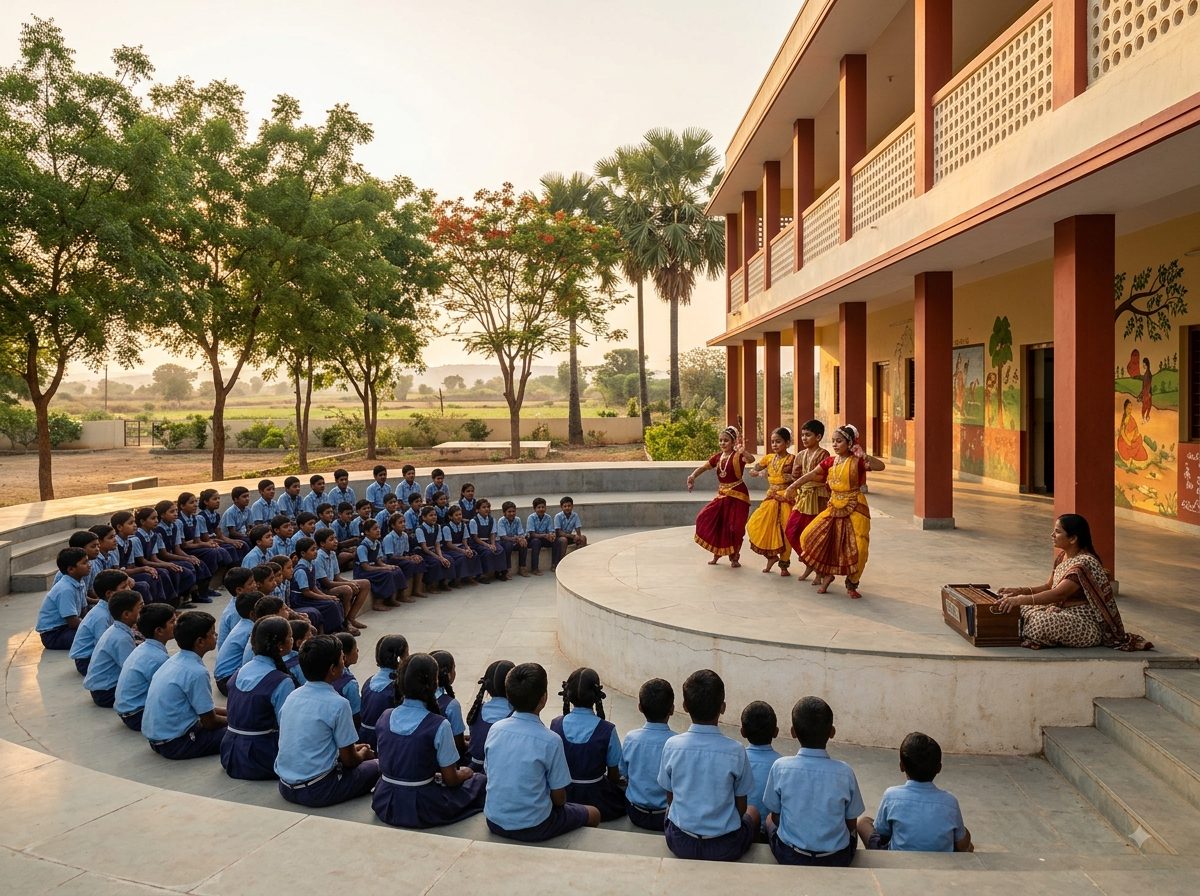 Children seated on the shallow curved steps of the open-air amphitheatre watching four classmates perform a classical dance in simple costume, a music teacher with a harmonium at the side.